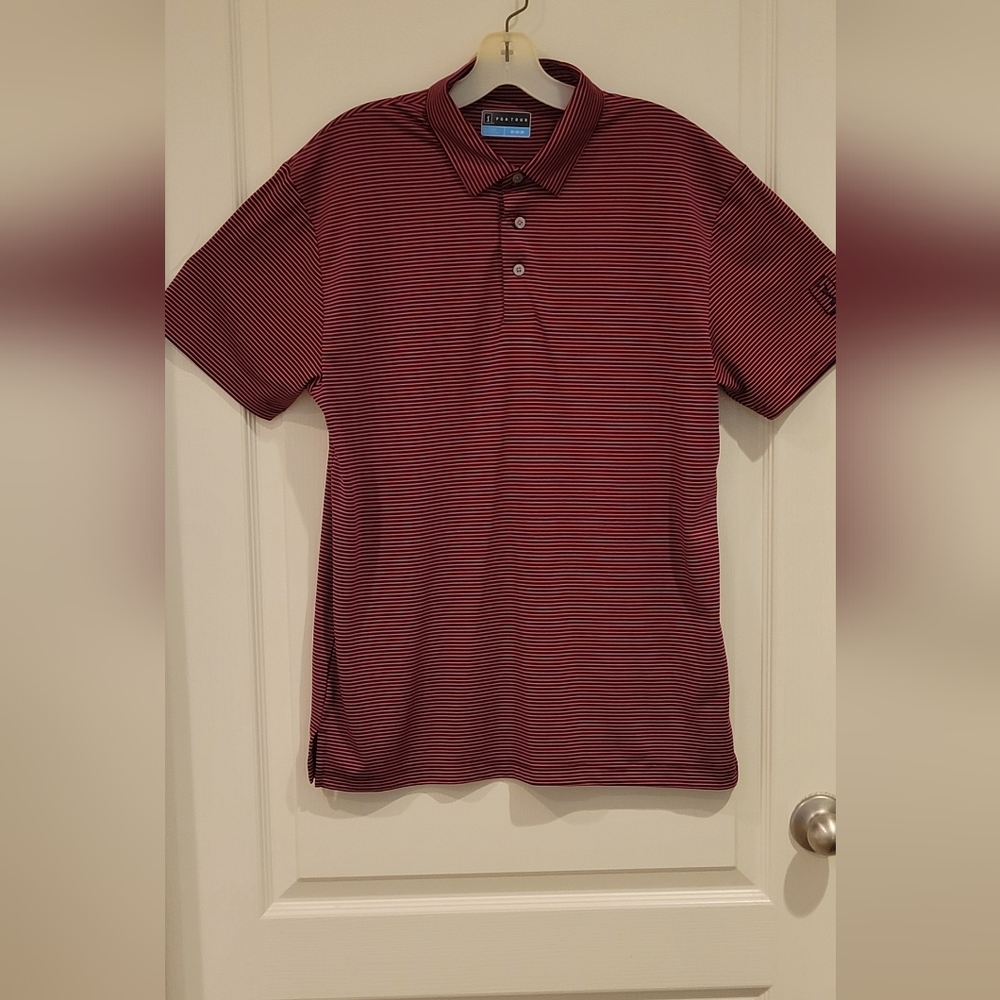 2 for $12. PGA Tour polo shirt. Men's Medium, silky fabric. Pink & navy stripe.